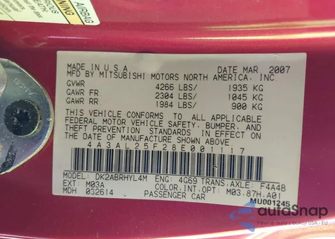 2008 Mitsubishi Eclipse Spyder Gs from USA, damaged, VIN 4A3AL25F28E001117